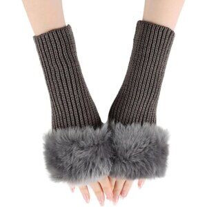 Women's Gray Knitted Fingerless Faux Fur Wrist Cuff Thumb Hole Warmers Gloves
